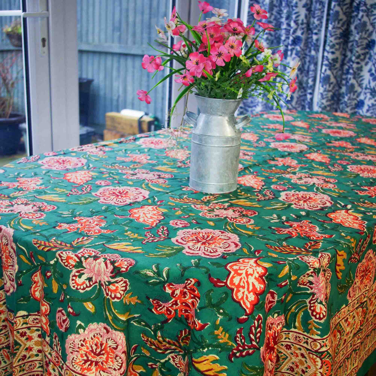 Teal Green Floral Print Block Printed Rectangle Tablecloth Table Cover