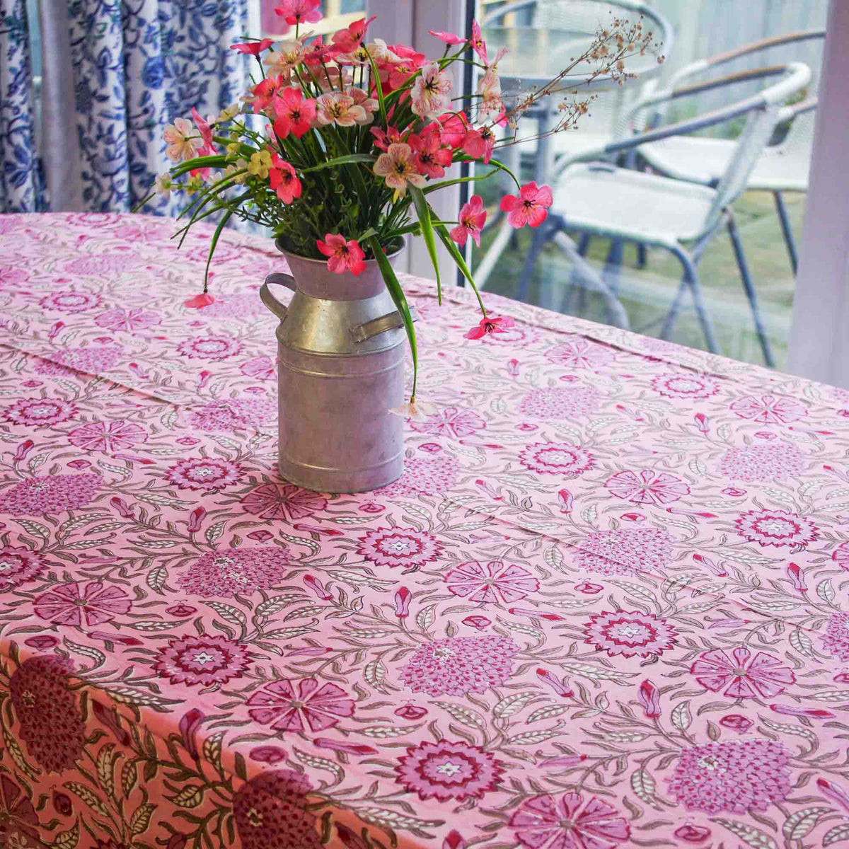 Baby Pink Floral Blossom Block Printed Rectangle Tablecloth Table Cover