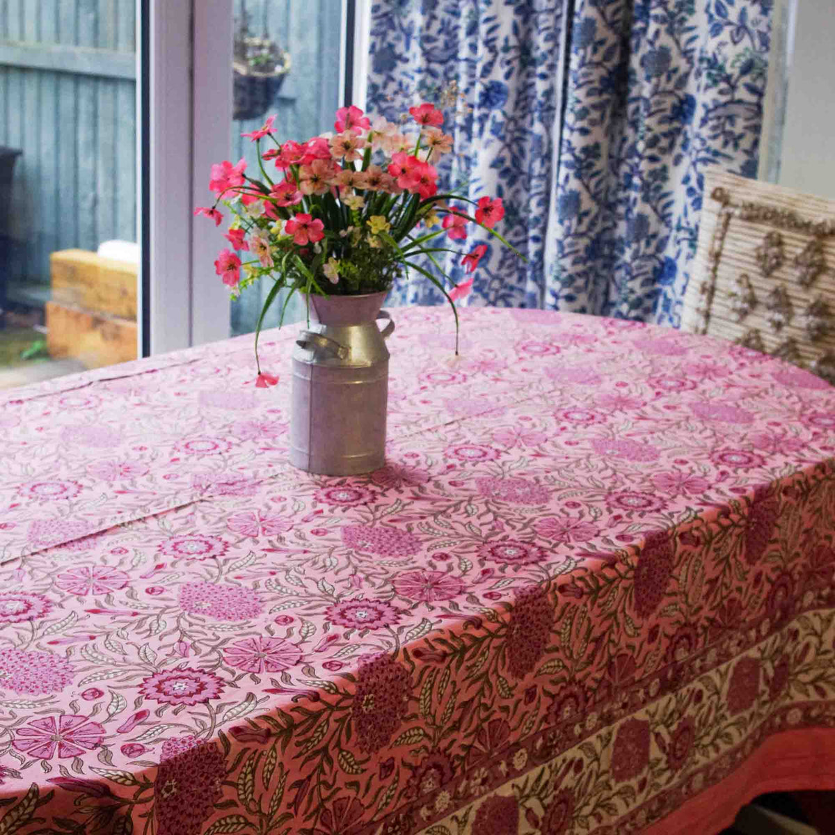 Baby Pink Floral Blossom Block Printed Rectangle Tablecloth Table Cover