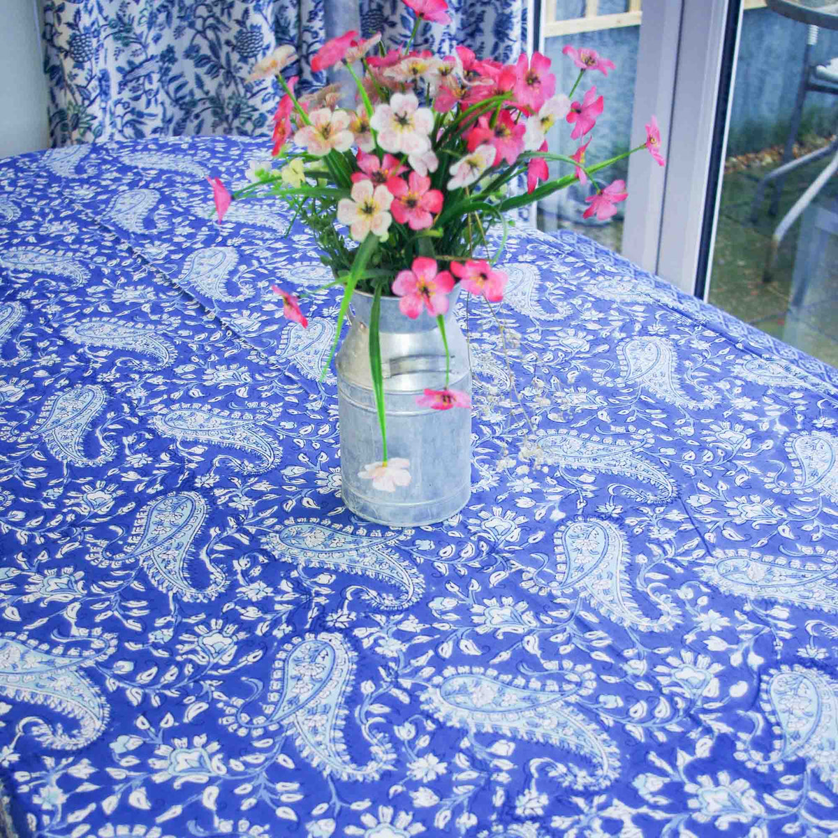 Blue & White Paisley Block Printed Rectangle Tablecloth Table Cover