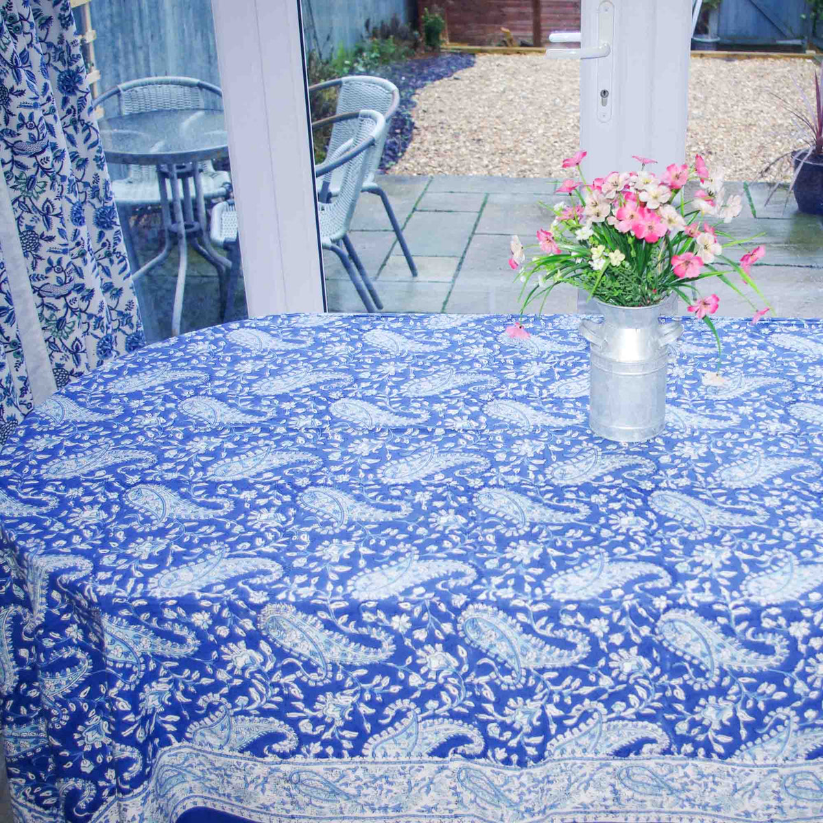 Blue & White Paisley Block Printed Rectangle Tablecloth Table Cover