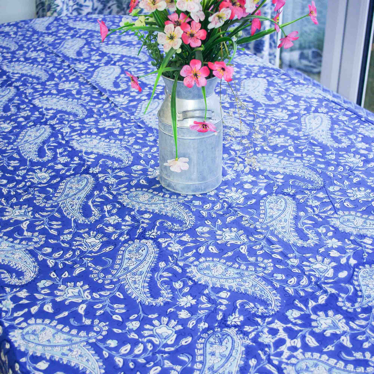 Blue & White Paisley Block Printed Rectangle Tablecloth Table Cover