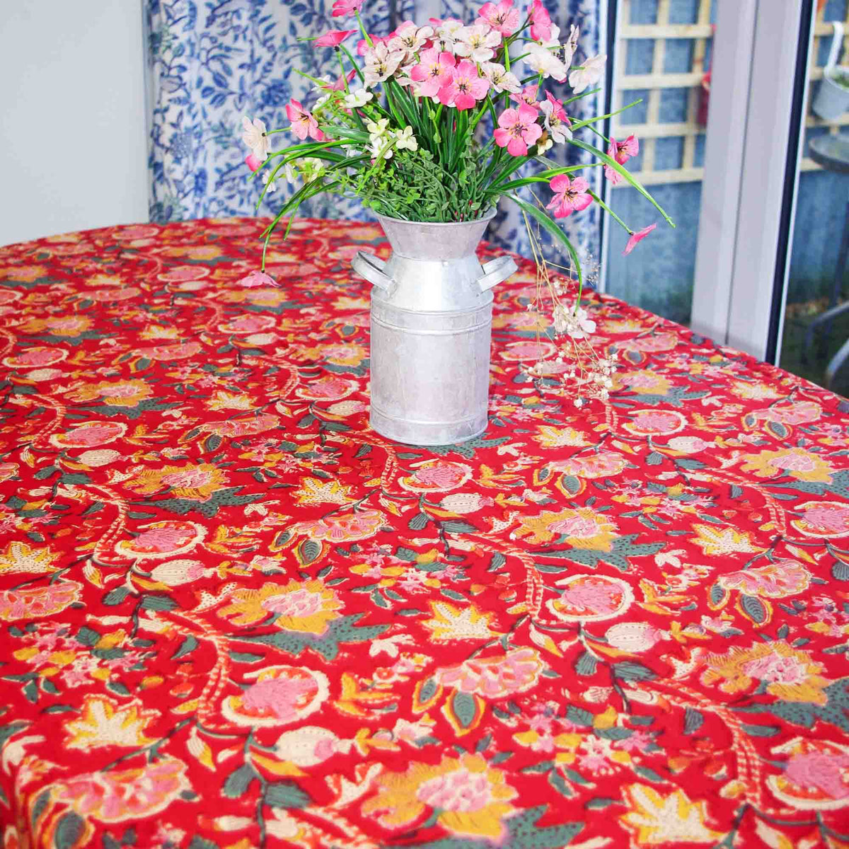 Red Floral Magic Block Printed Rectangle Tablecloth Table Cover