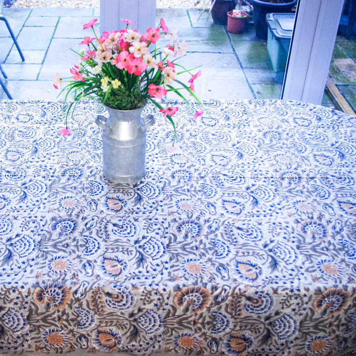 Blue Marigold On Grey Floral Print Rectangle Block Printed Tablecloth Table Cover
