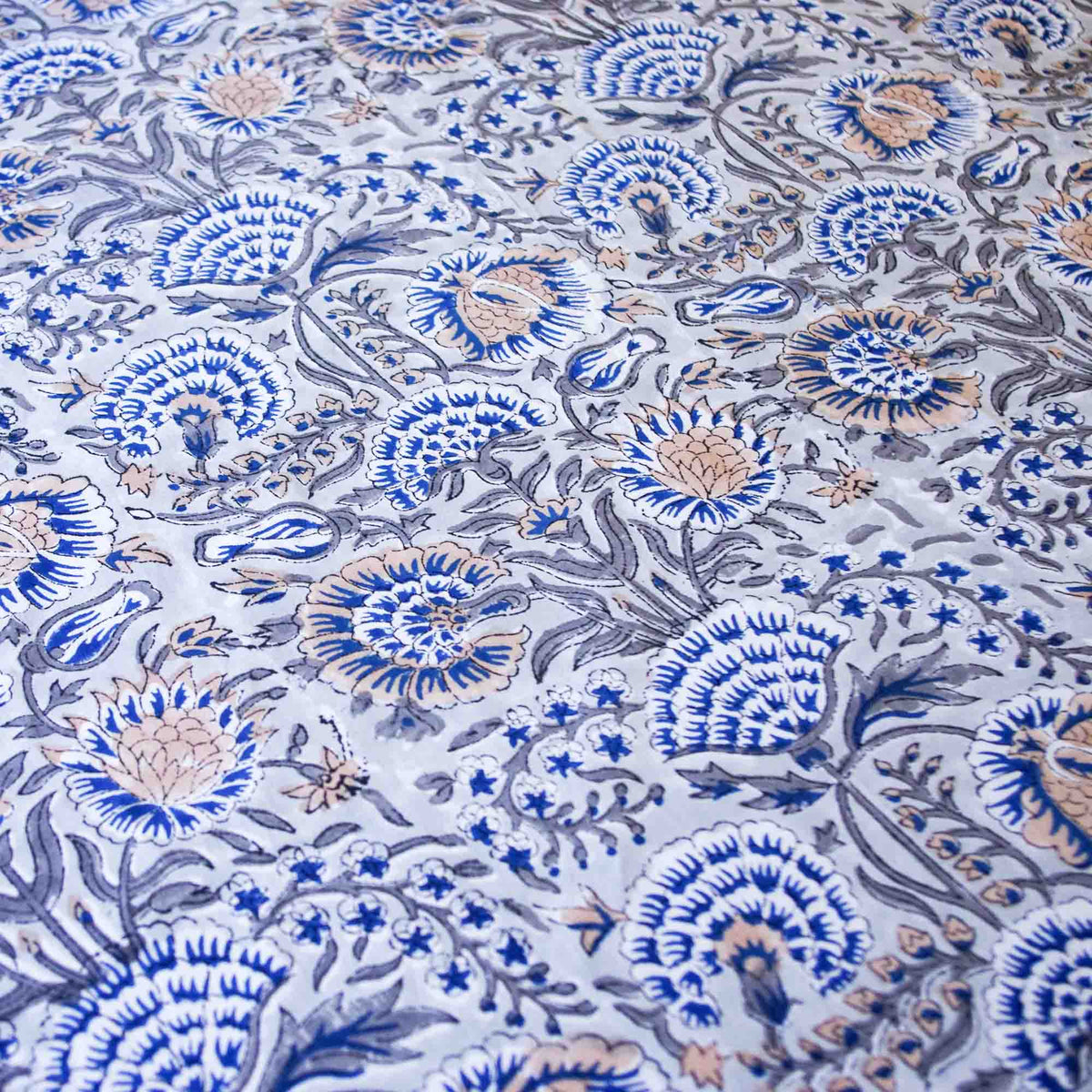 Blue Marigold On Grey Floral Print Rectangle Block Printed Tablecloth Table Cover