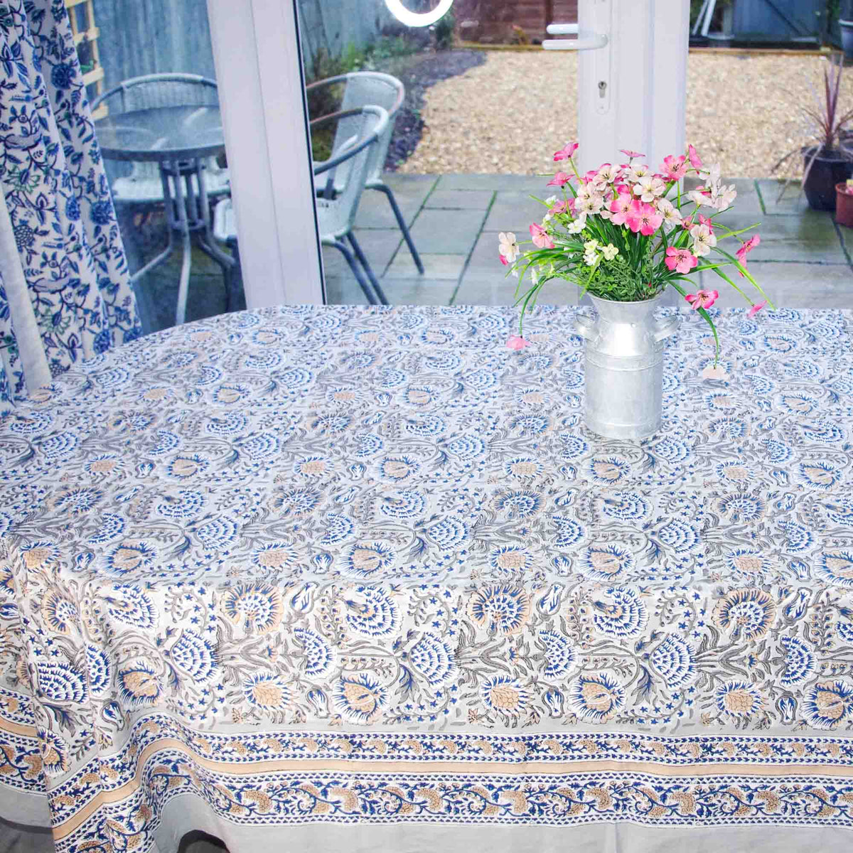 Blue Marigold On Grey Floral Print Rectangle Block Printed Tablecloth Table Cover