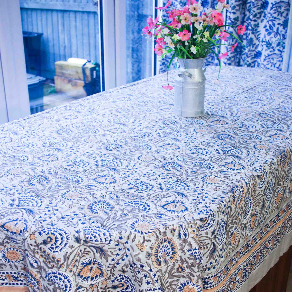 Blue Marigold On Grey Floral Print Rectangle Block Printed Tablecloth Table Cover