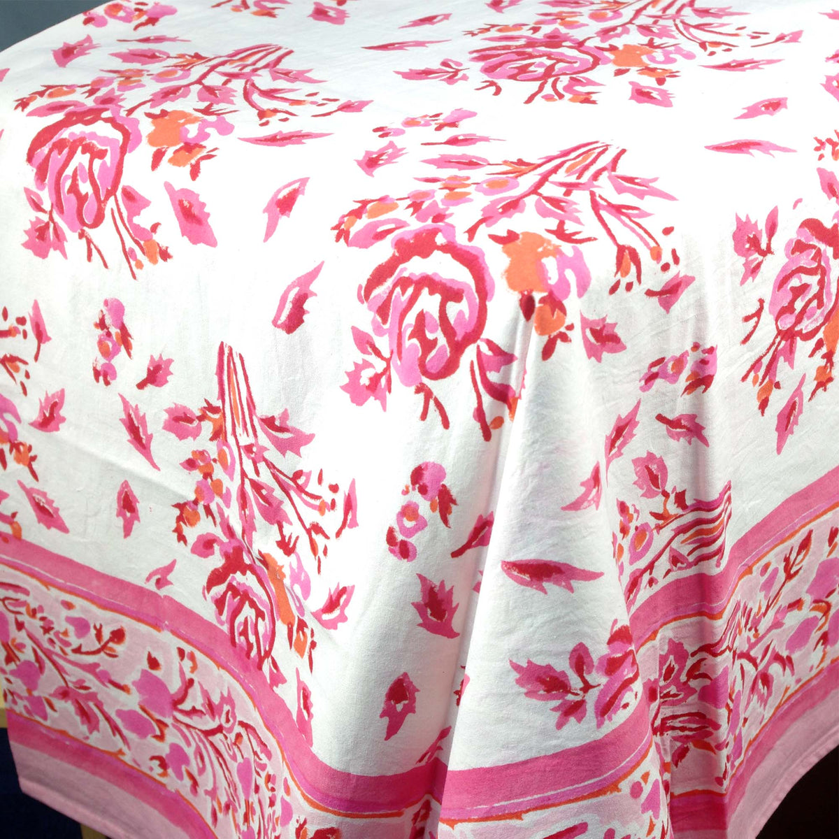 Blossom Pink & Coral Floral Rose Print Rectangle Block Printed Tablecloth /Table Cover