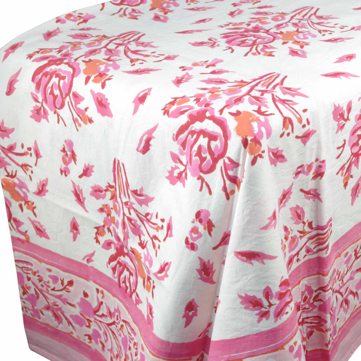 Blossom Pink & Coral Floral Rose Print Rectangle Block Printed Tablecloth /Table Cover