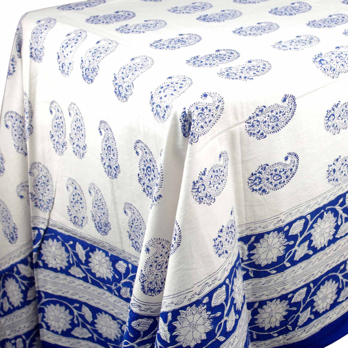 Royal Blue Paisley Motif Print Rectangle Block Printed Tablecloth /Table Cover