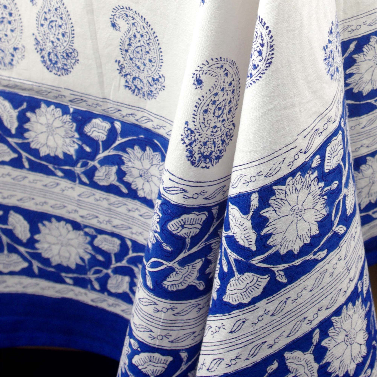 Royal Blue Paisley Motif Print Rectangle Block Printed Tablecloth /Table Cover