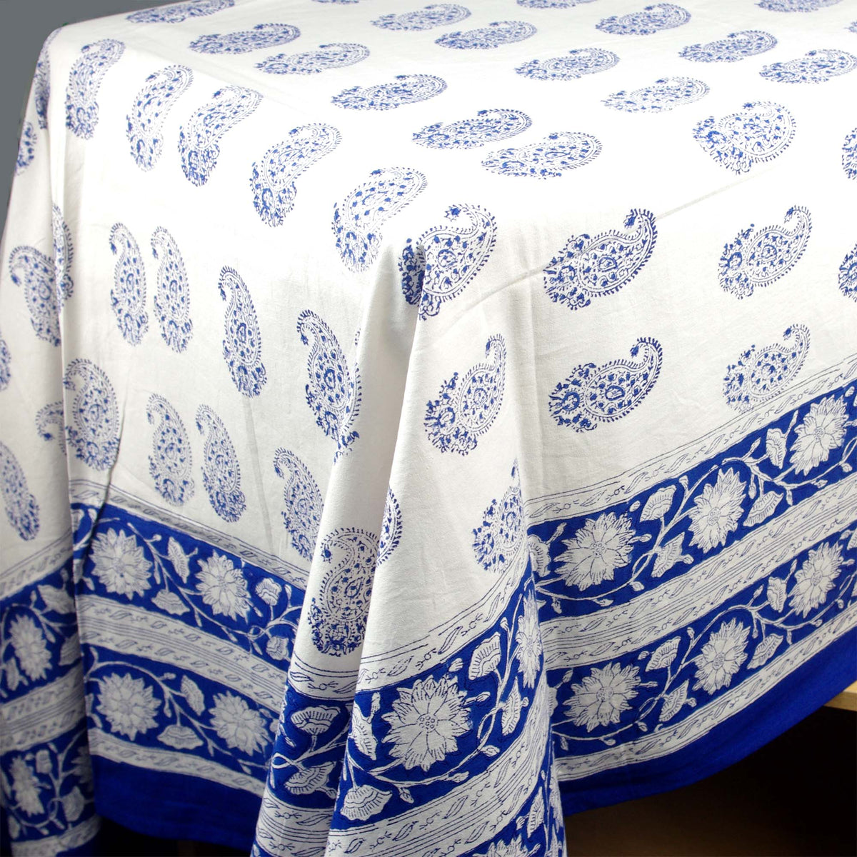 Royal Blue Paisley Motif Print Rectangle Block Printed Tablecloth /Table Cover