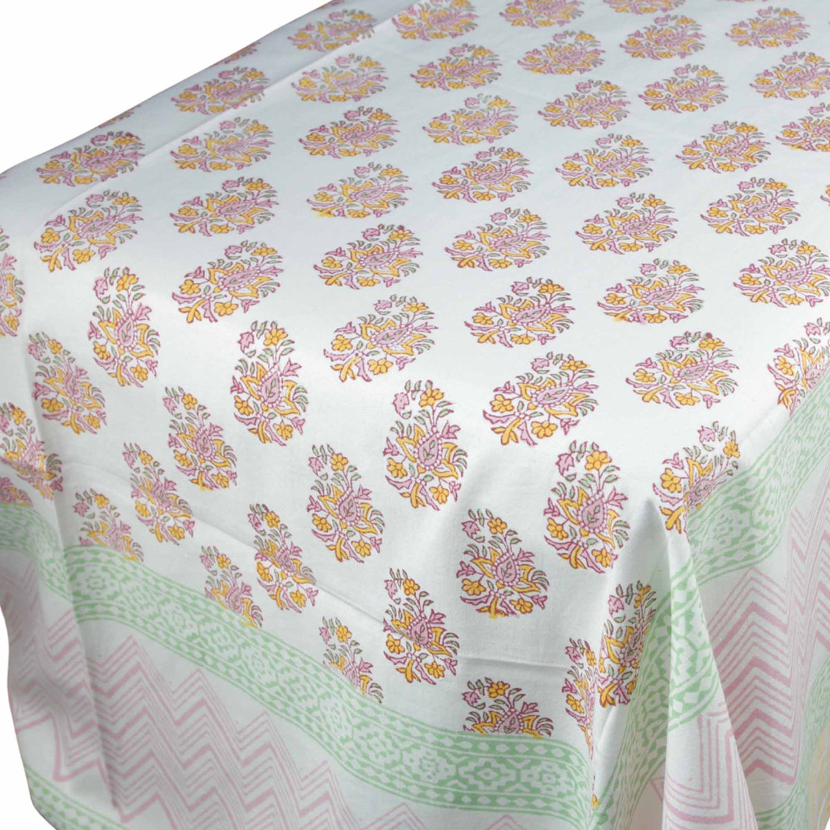 Marigold & Mint Floral Print Rectangle Block Printed Tablecloth - Includes 6 Napkins
