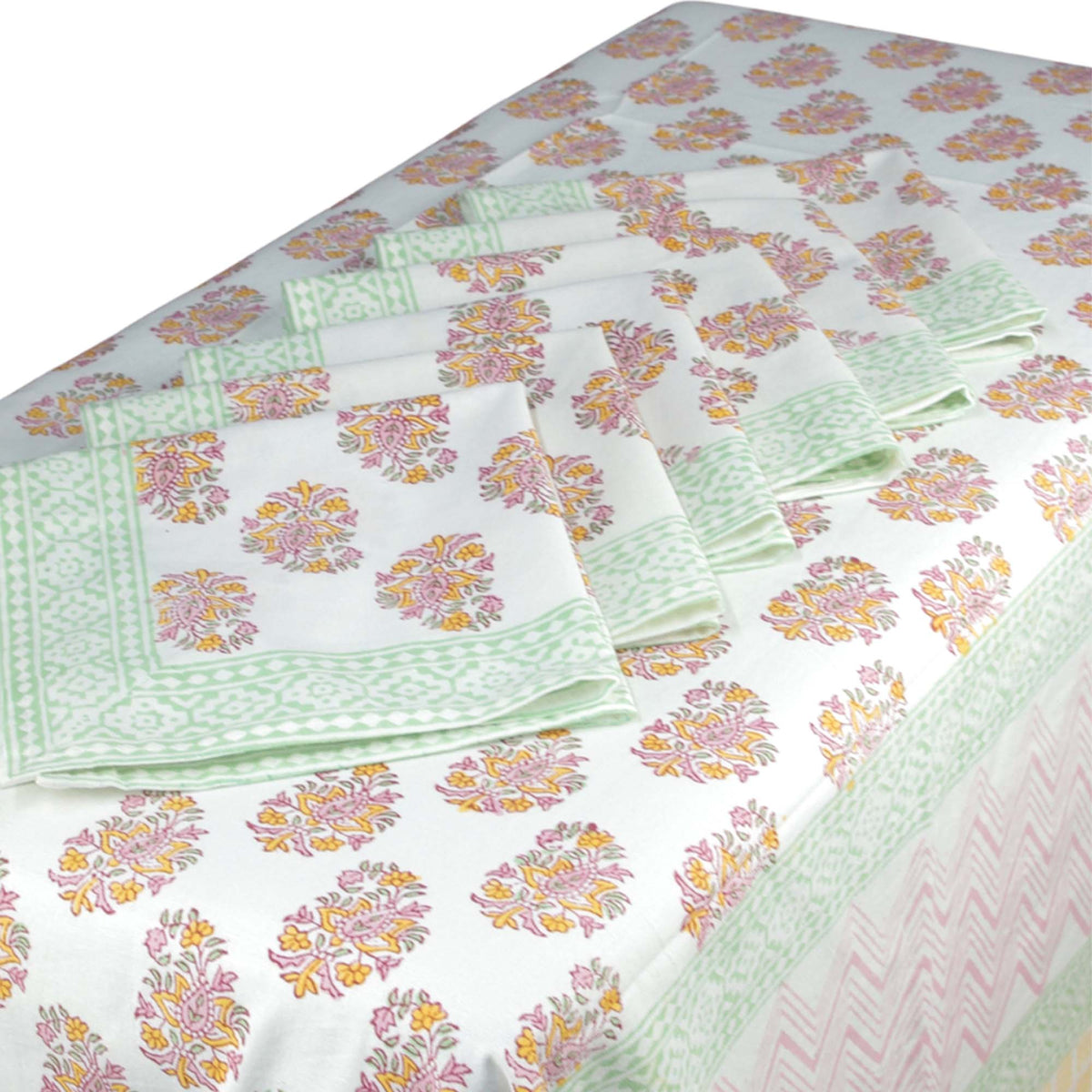 Marigold & Mint Floral Print Rectangle Block Printed Tablecloth - Includes 6 Napkins