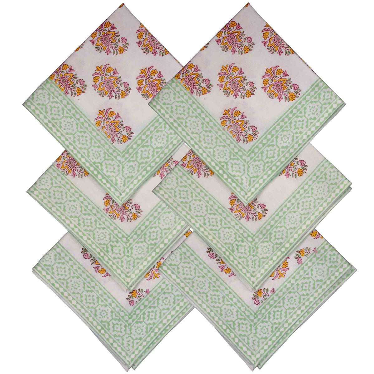 Marigold & Mint Floral Print Rectangle Block Printed Tablecloth - Includes 6 Napkins