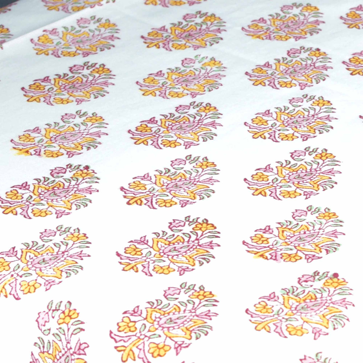 Marigold & Mint Floral Print Rectangle Block Printed Tablecloth - Includes 6 Napkins