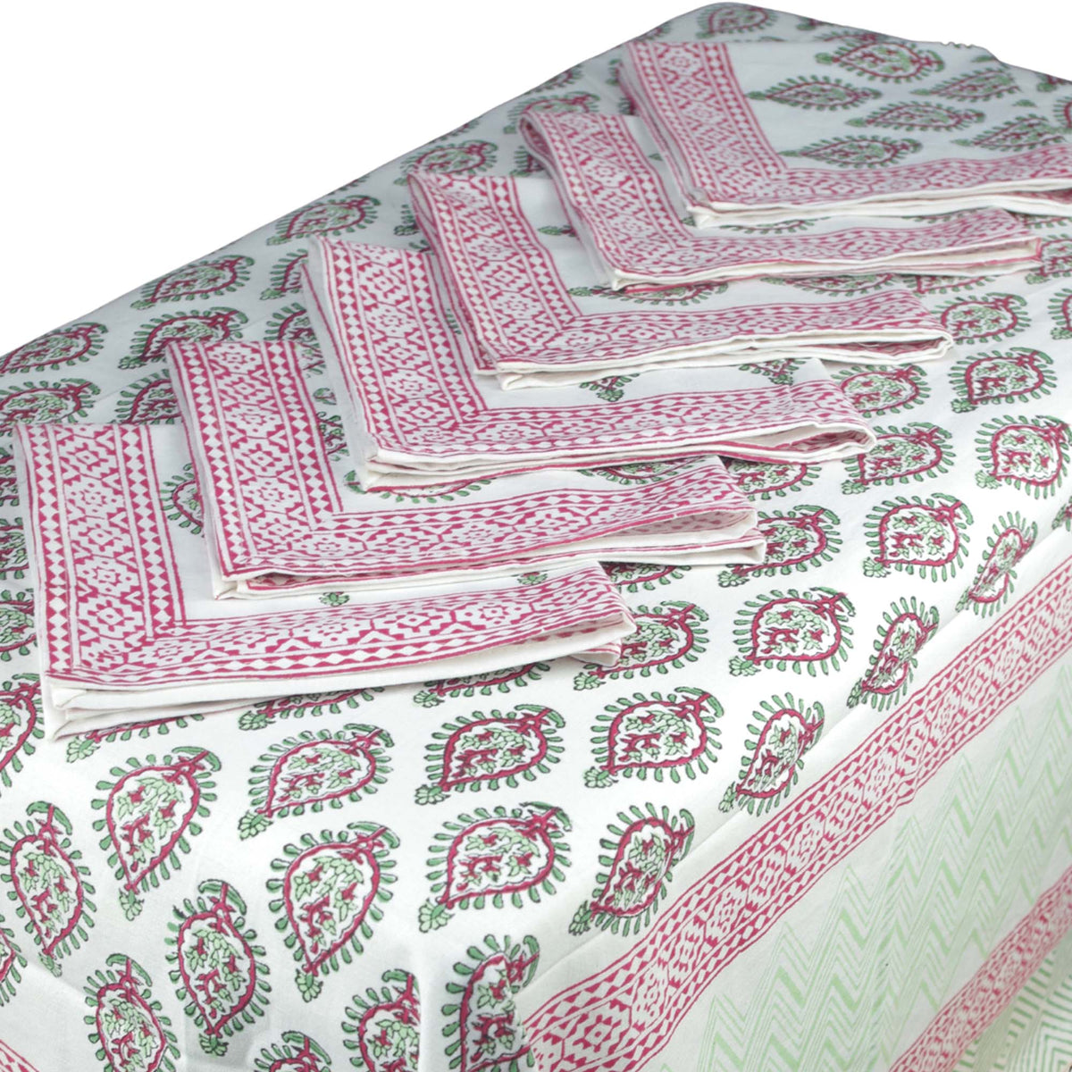 Rose & Sage Paisley Print Rectangle Block Printed Tablecloth - Includes 6 Napkins