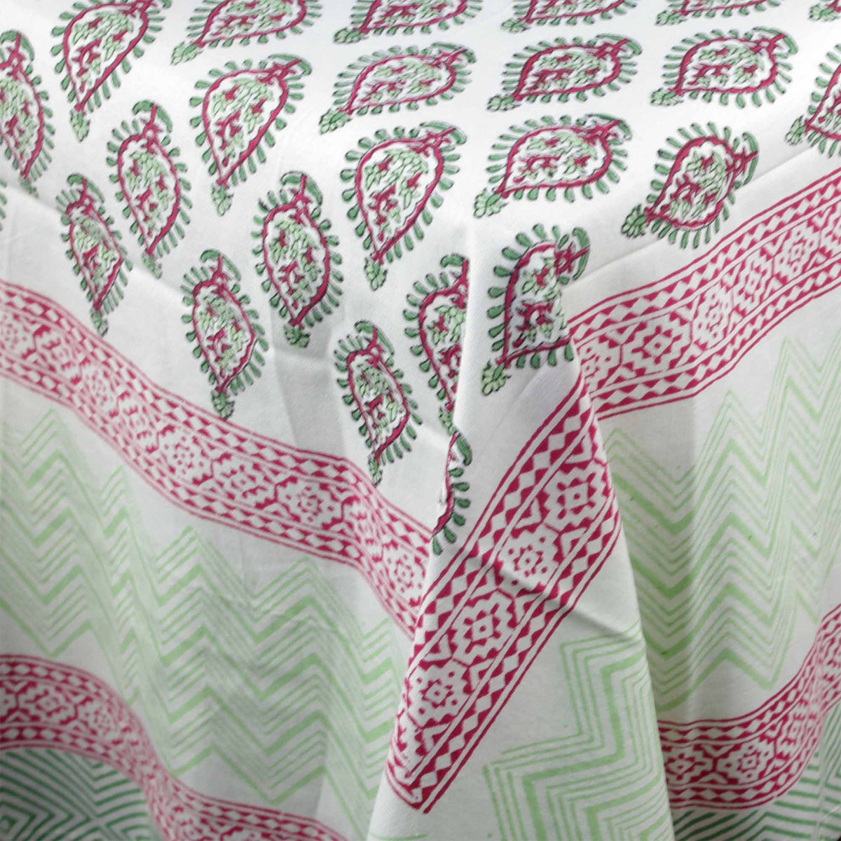 Rose & Sage Paisley Print Rectangle Block Printed Tablecloth - Includes 6 Napkins