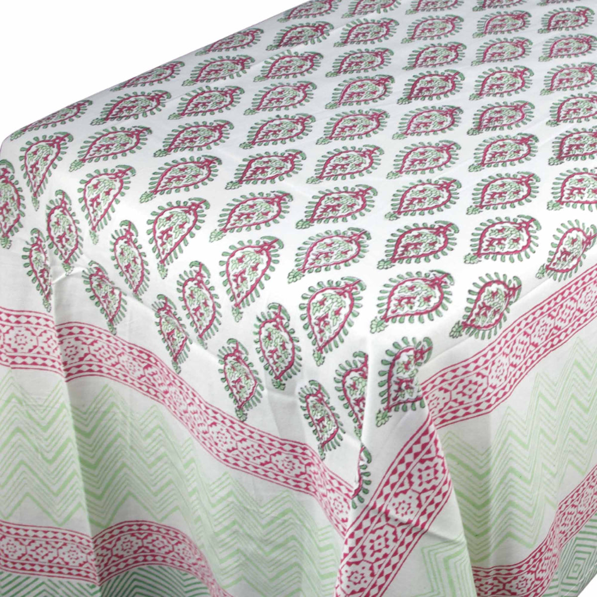 Rose & Sage Paisley Print Rectangle Block Printed Tablecloth - Includes 6 Napkins