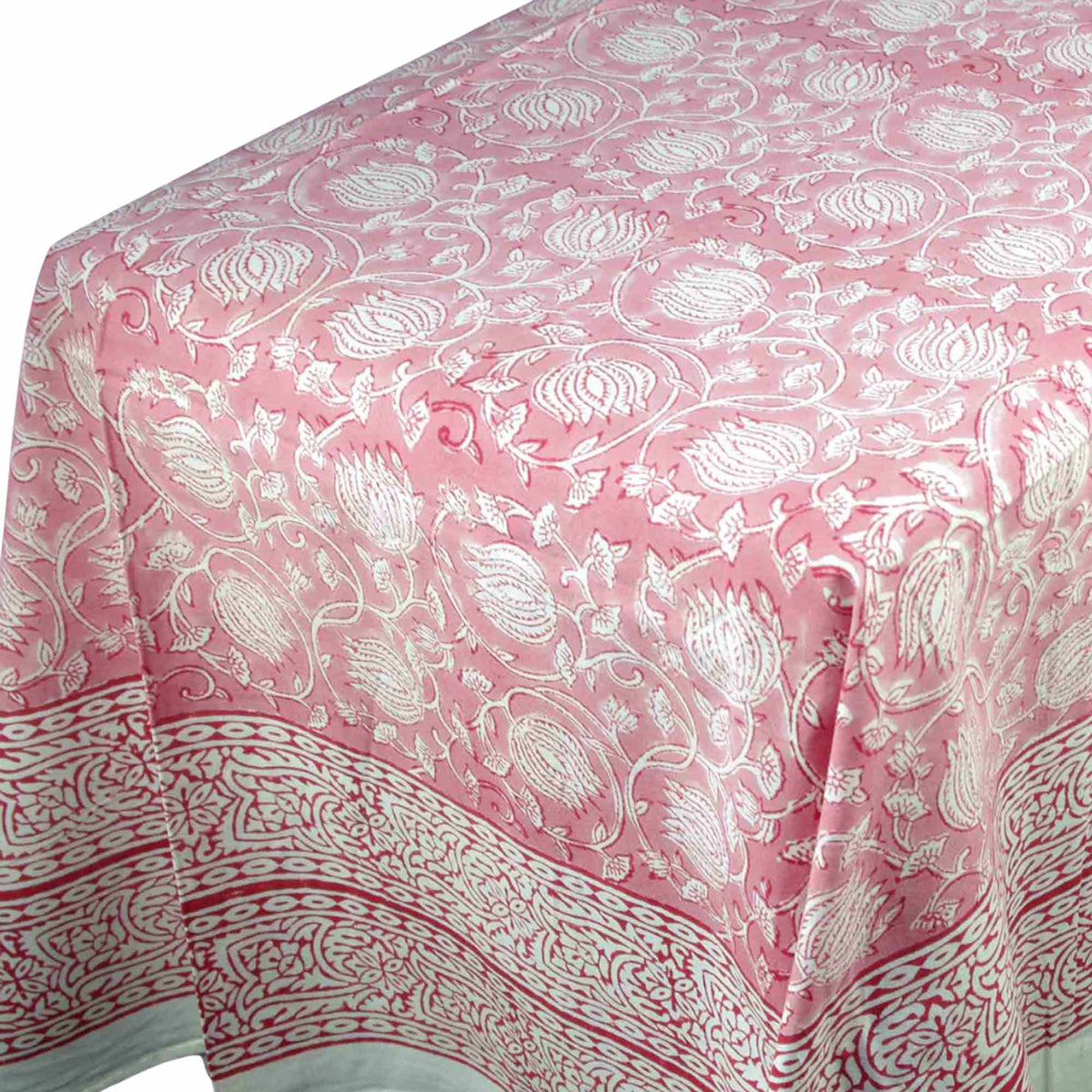Pink Lotus Jaipur Print Rectangle Block Printed Tablecloth - Includes 6 Napkins
