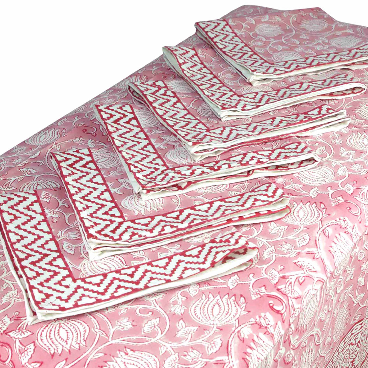 Pink Lotus Jaipur Print Rectangle Block Printed Tablecloth - Includes 6 Napkins