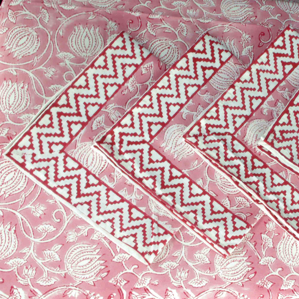 Pink Lotus Jaipur Print Rectangle Block Printed Tablecloth - Includes 6 Napkins