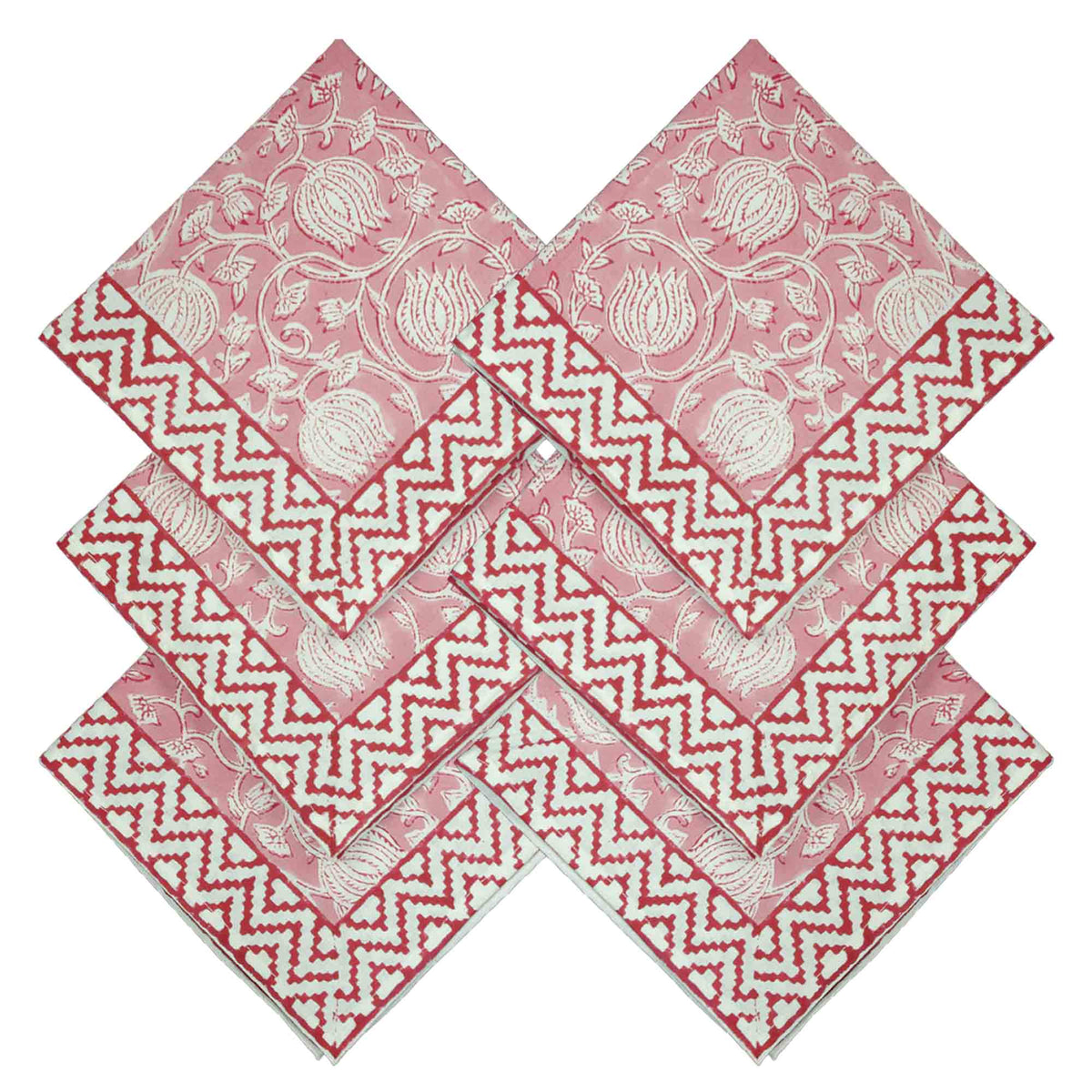 Pink Lotus Jaipur Print Rectangle Block Printed Tablecloth - Includes 6 Napkins