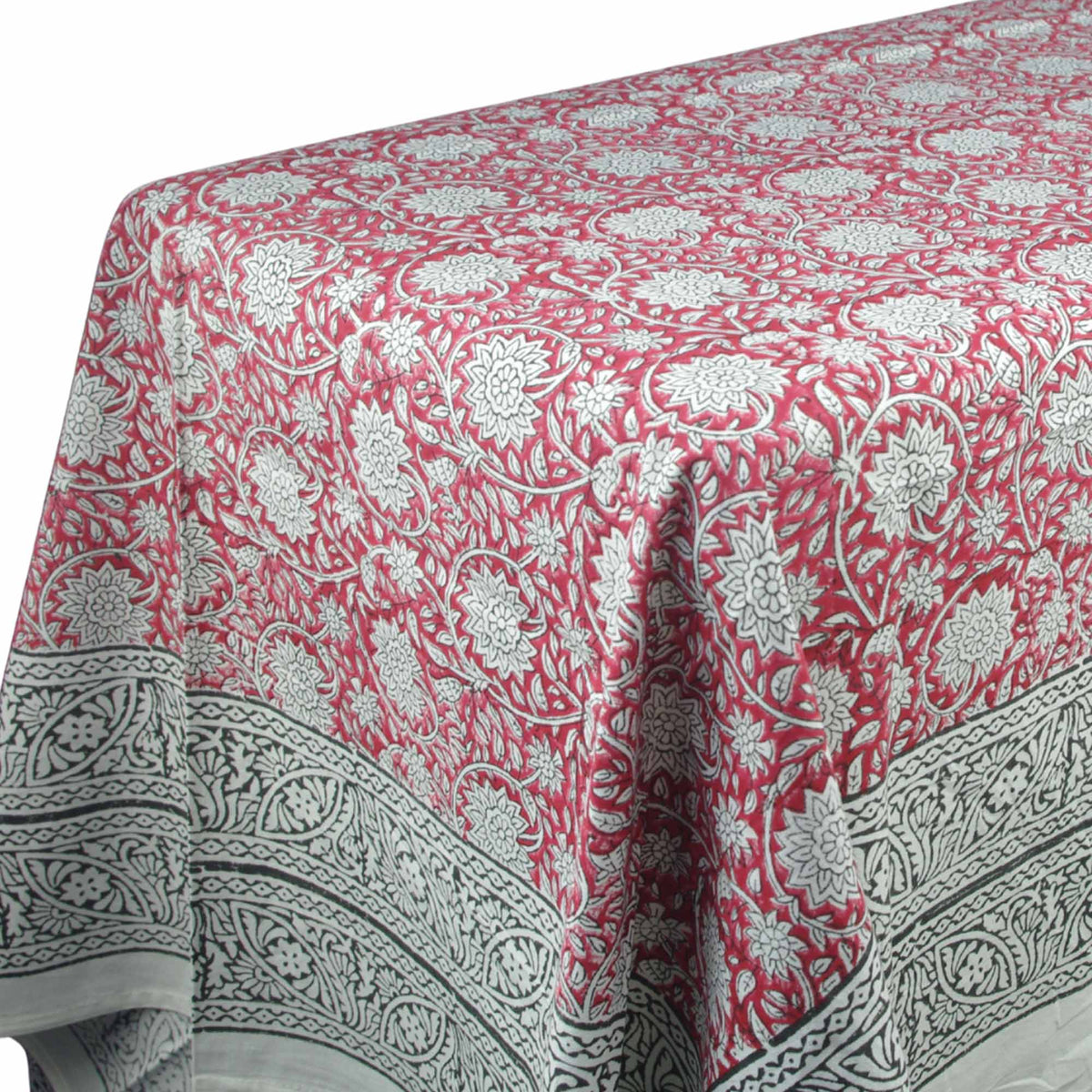 Crimson Red  Dahlia Print Rectangle Block Printed Tablecloth - Includes 6 Napkins