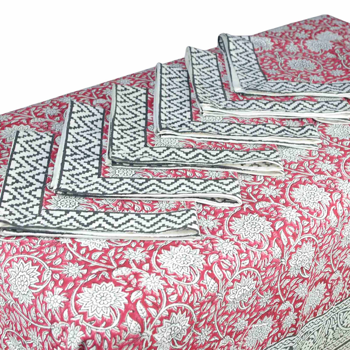 Crimson Red  Dahlia Print Rectangle Block Printed Tablecloth - Includes 6 Napkins