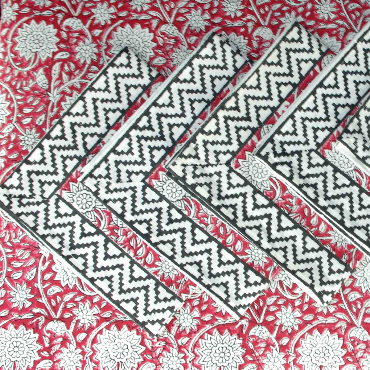 Crimson Red  Dahlia Print Rectangle Block Printed Tablecloth - Includes 6 Napkins