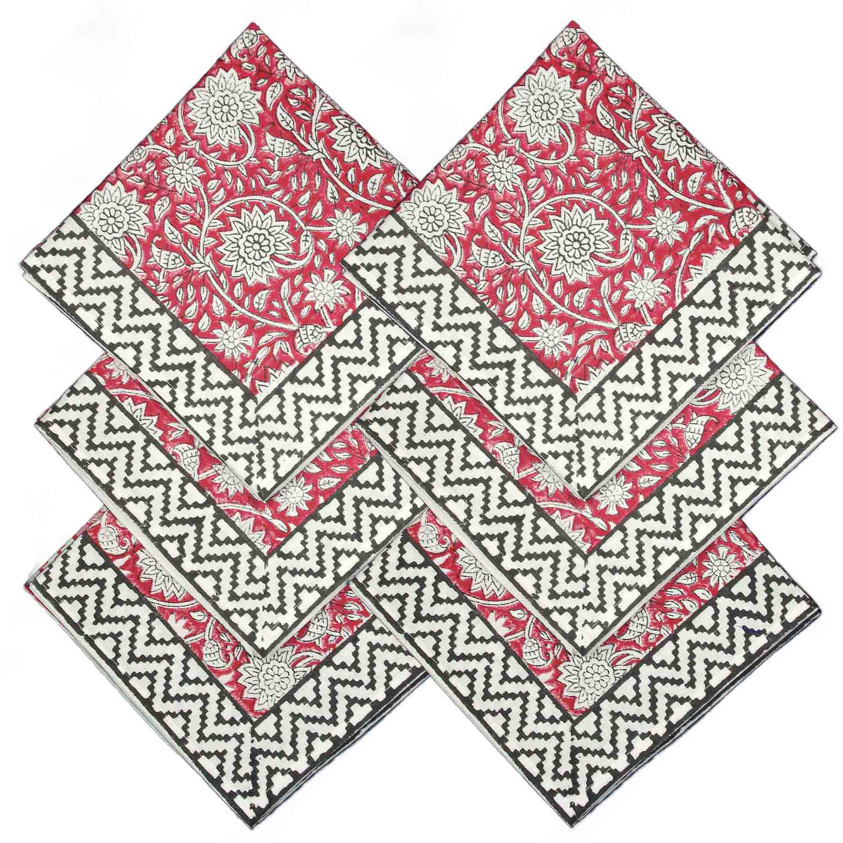 Crimson Red  Dahlia Print Rectangle Block Printed Tablecloth - Includes 6 Napkins