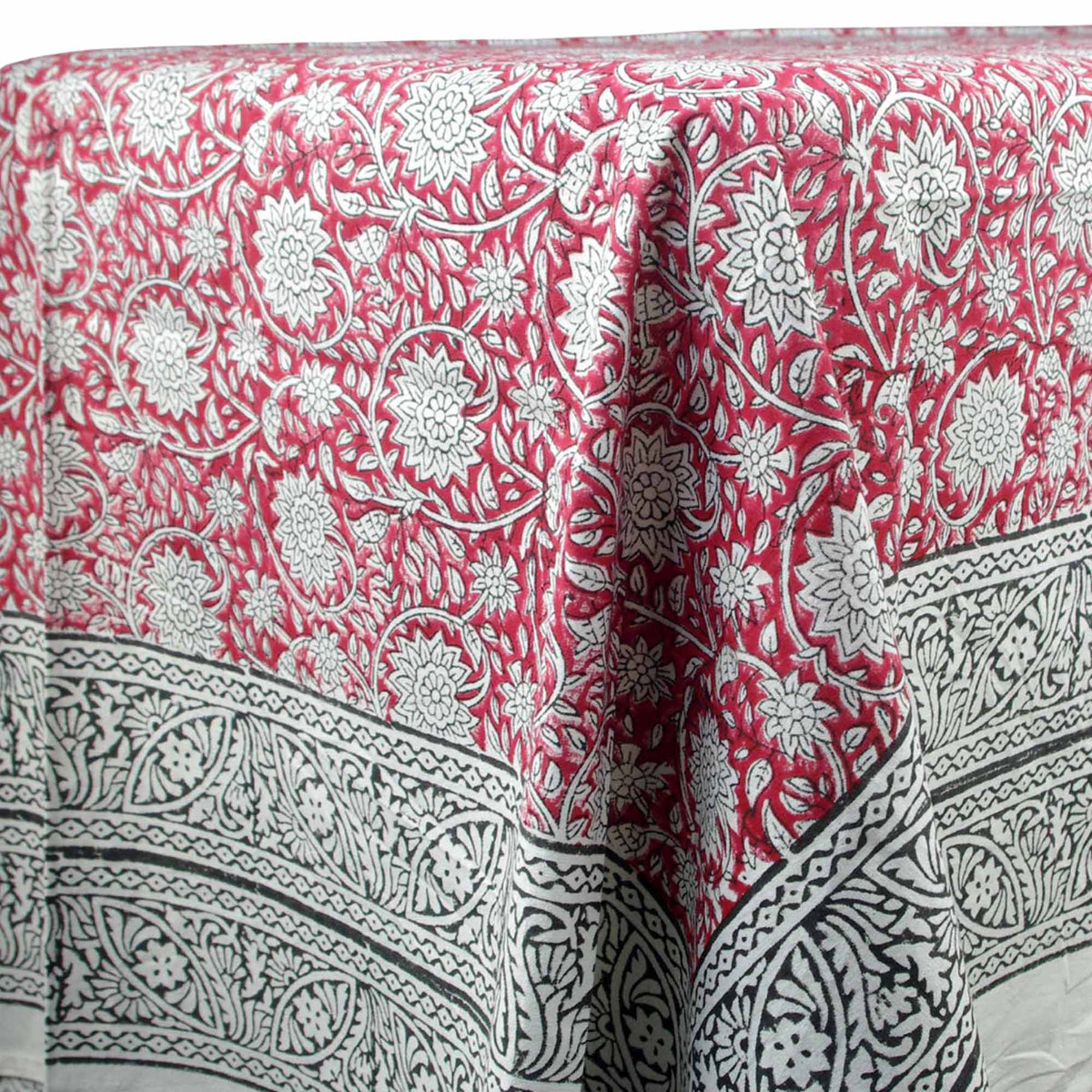 Crimson Red  Dahlia Print Rectangle Block Printed Tablecloth - Includes 6 Napkins