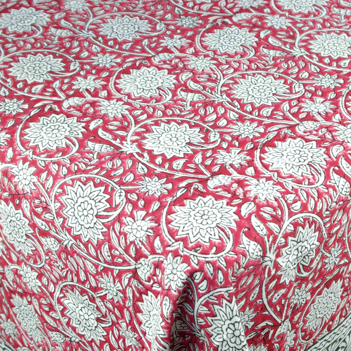 Crimson Red  Dahlia Print Rectangle Block Printed Tablecloth - Includes 6 Napkins