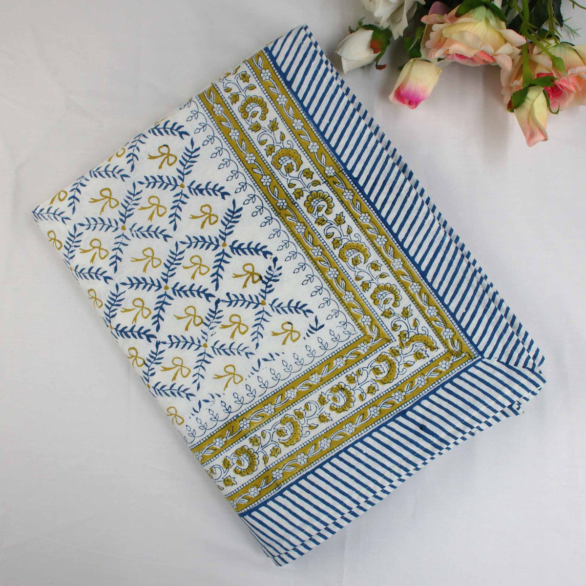 Block Printed Rectangle Tablecloth Table Cover - Bow design