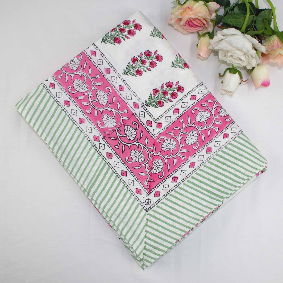 Block Printed Rectangle Tablecloth Table Cover - Pink Floral Booti On White