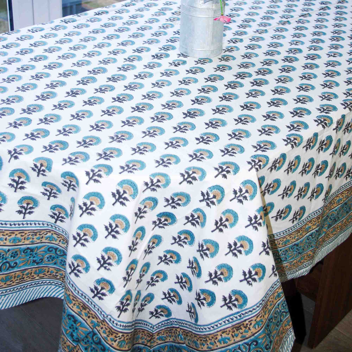 Teal Booti Print White Block Printed Rectangle Tablecloth Table Cover