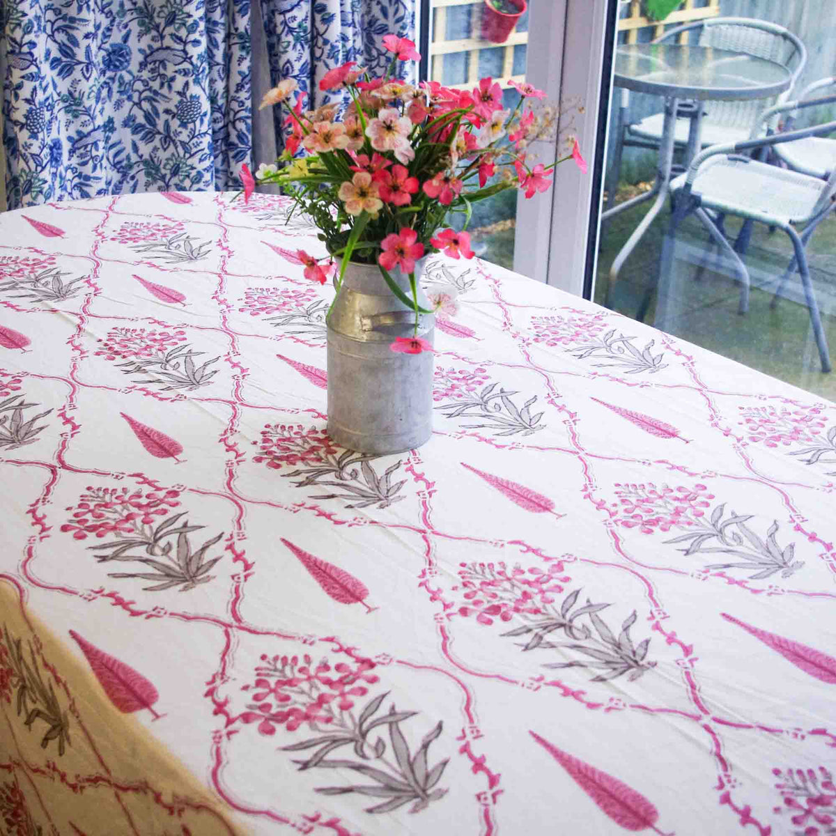 Pink Cypress Trees With Flower Bouquet Block Printed Rectangle Tablecloth Table Cover