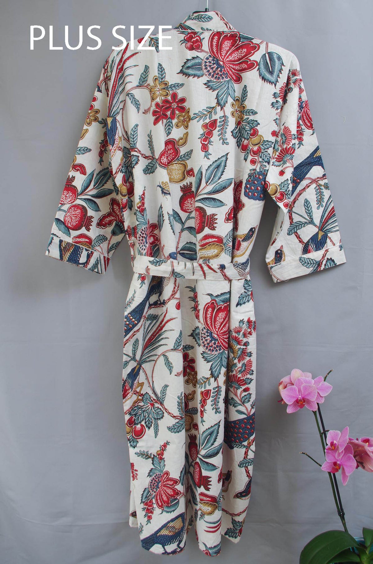 Plus Size Tropical Birds And Fruits On White Base Cotton Kimono Dressing Gown