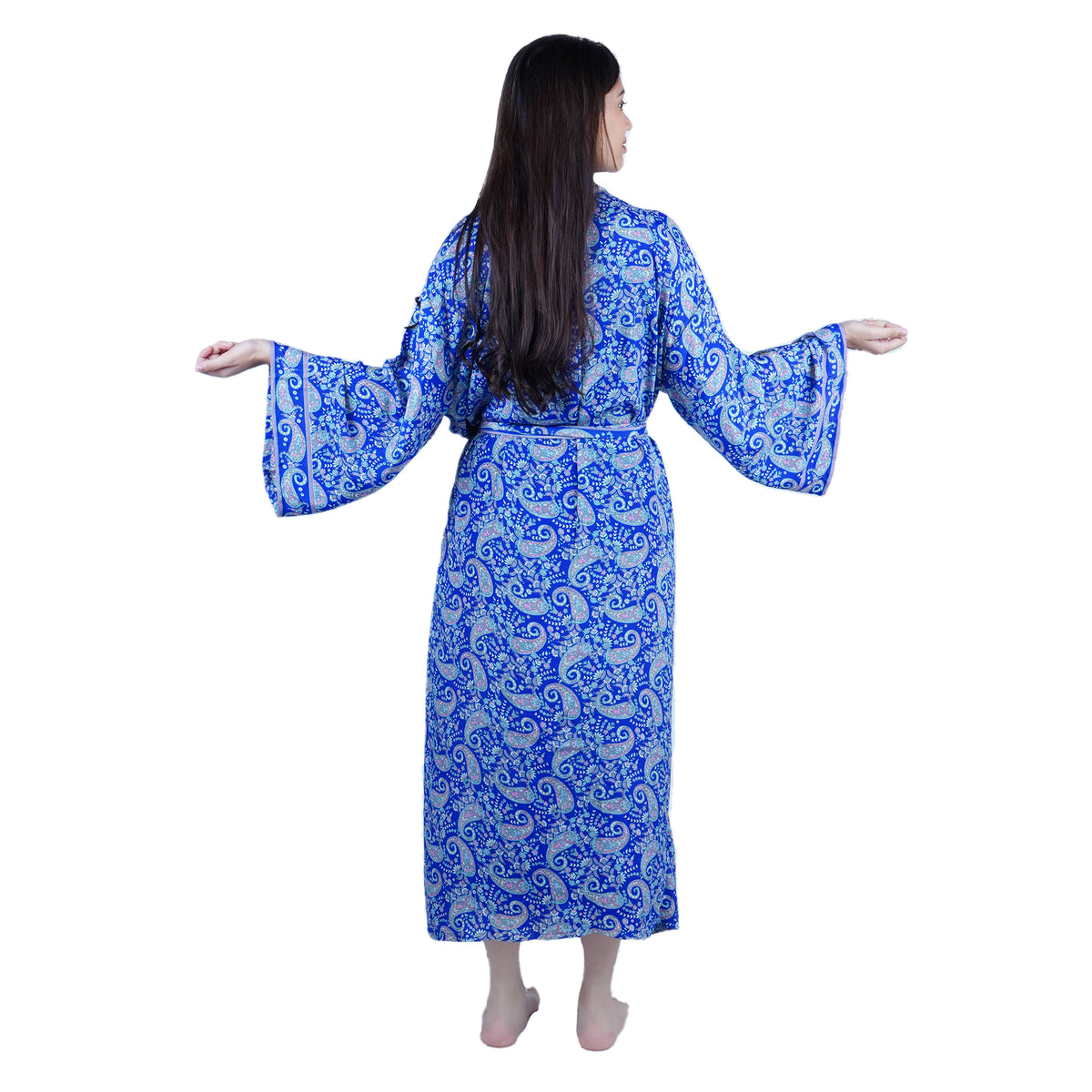 New Luxury Silk Boho Kimono House Robe - Blue Paisley