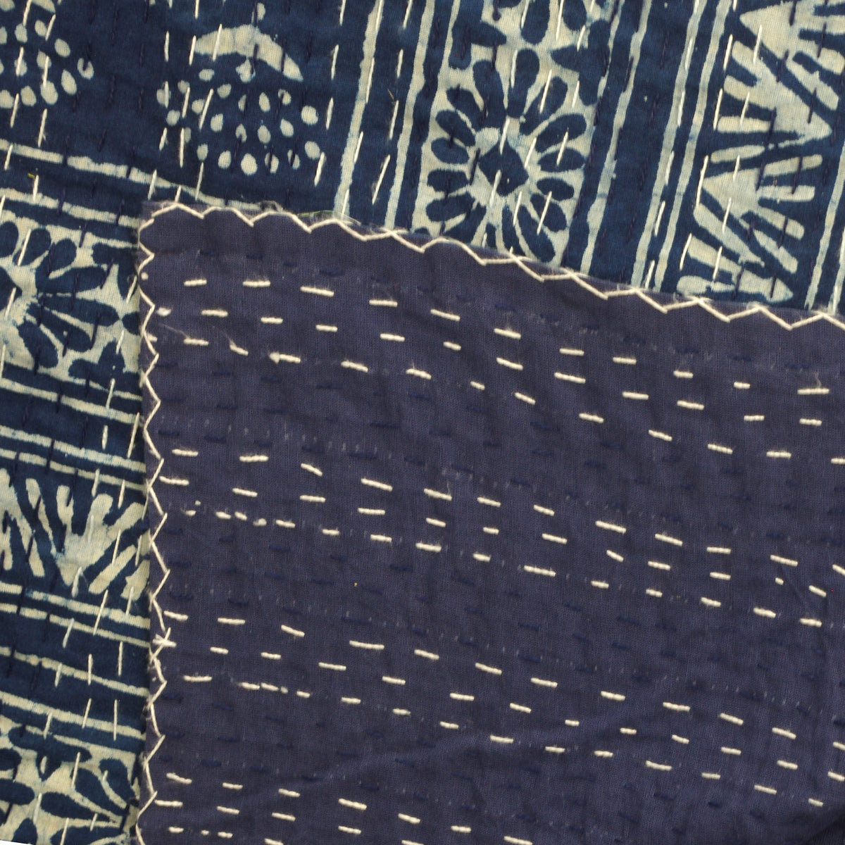 Dabu Indigo Blue Handmade Queen Kantha Quilt - Small Trees