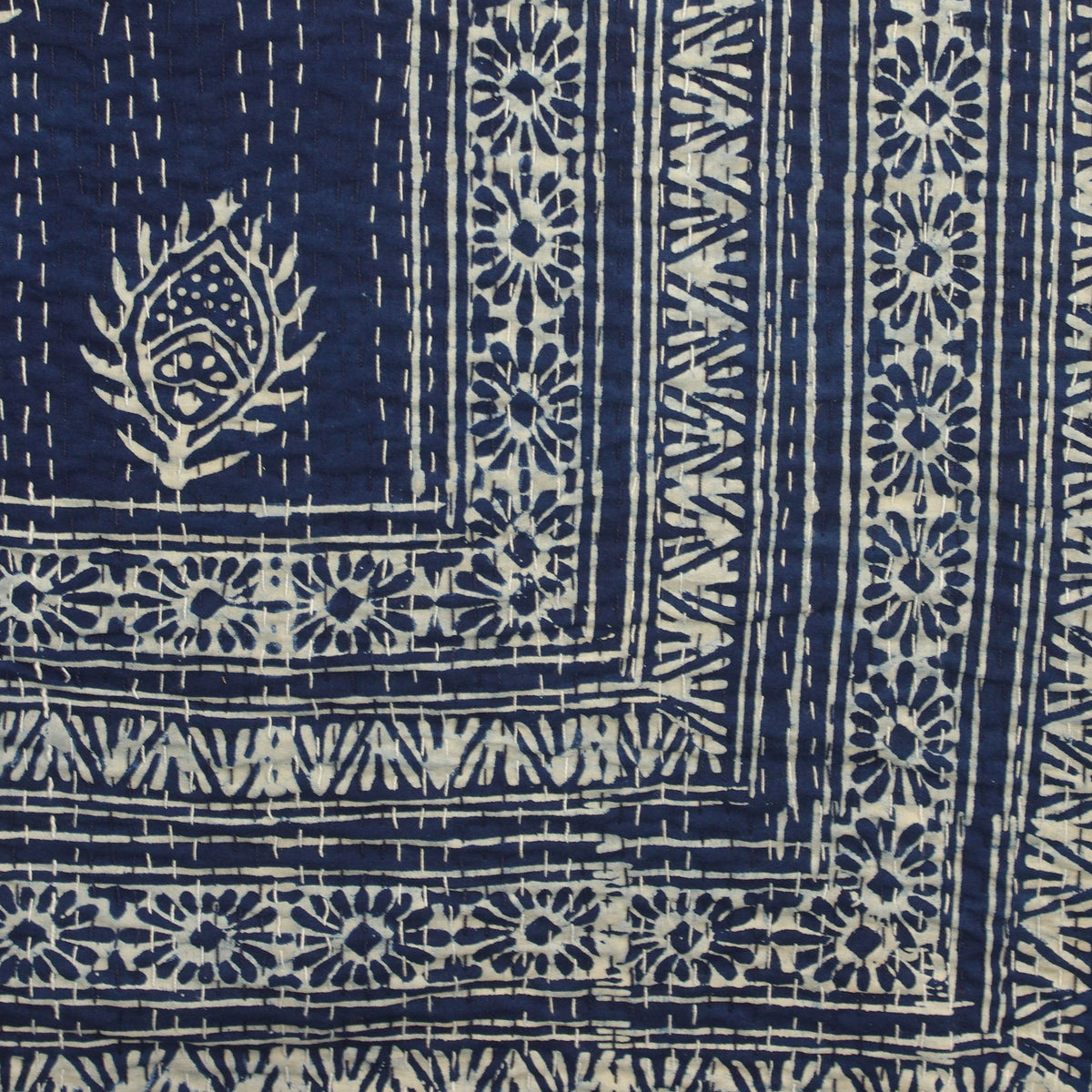 Dabu Indigo Blue Handmade Queen Kantha Quilt - Feathers