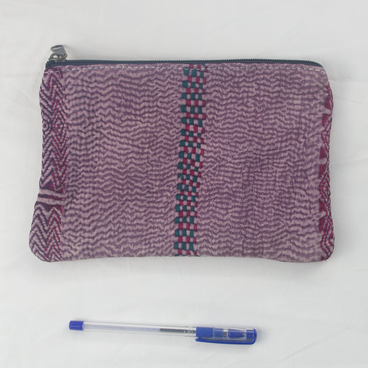 Vintage Kantha Pouch, Cosmetic Bag - Purple Zig-Zag