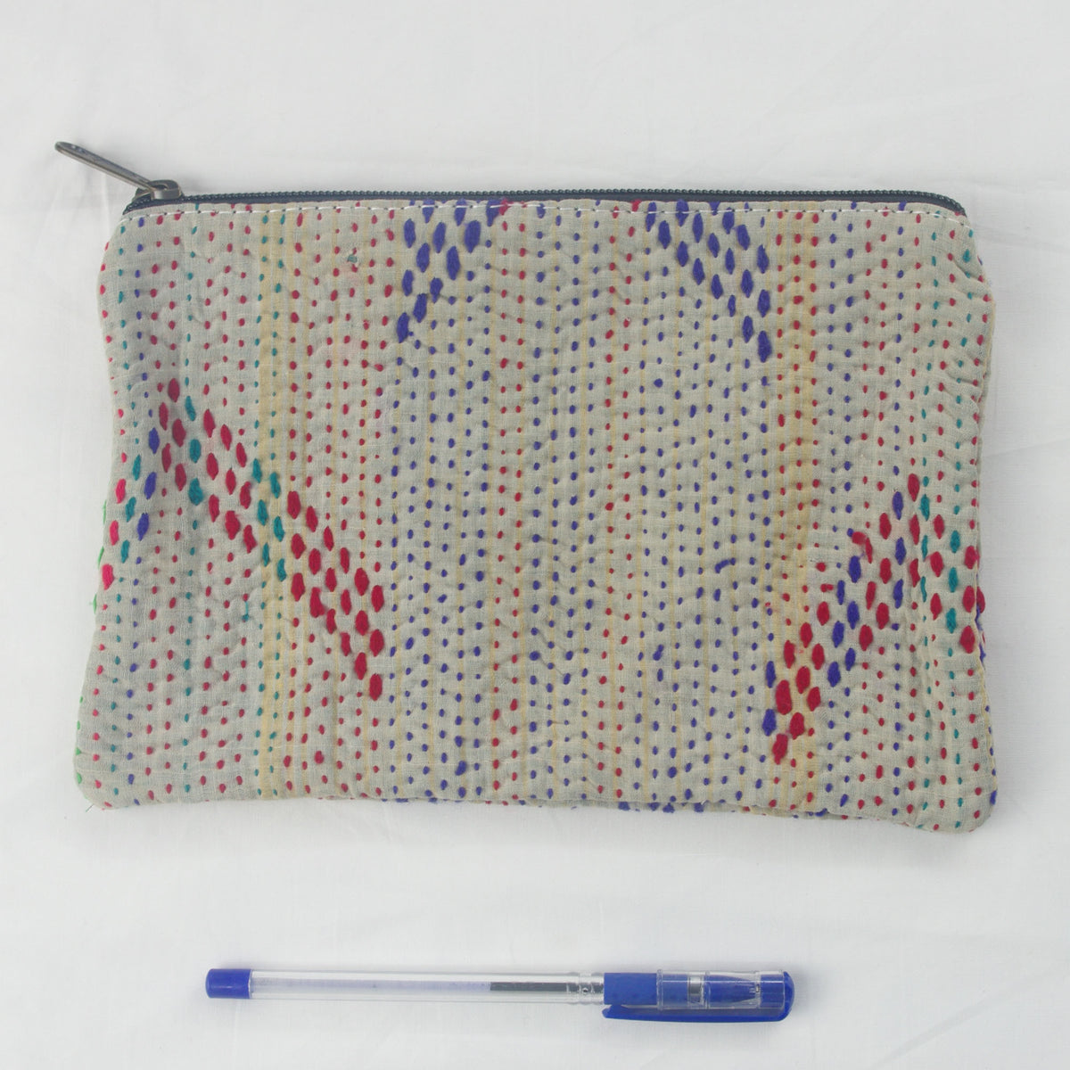 Vintage Kantha Pouch, Cosmetic Bag - Grey