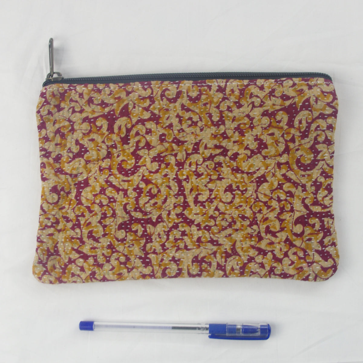 Vintage Kantha Pouch, Cosmetic Bag - Brown Jaal Print
