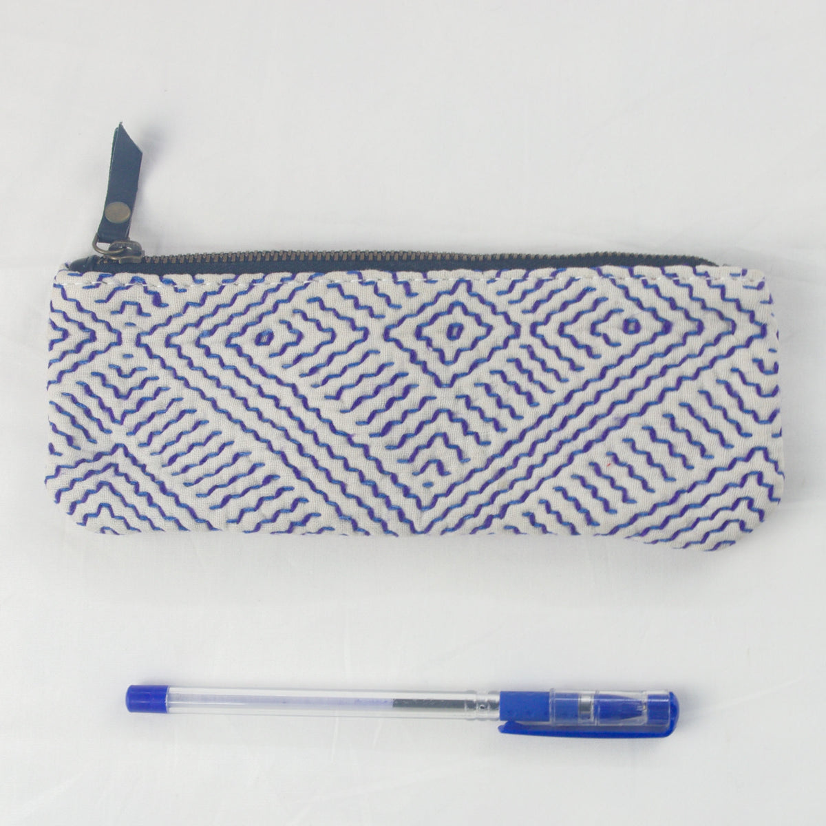 Vintage Kantha Small Pencil Case - White Blue Kantha