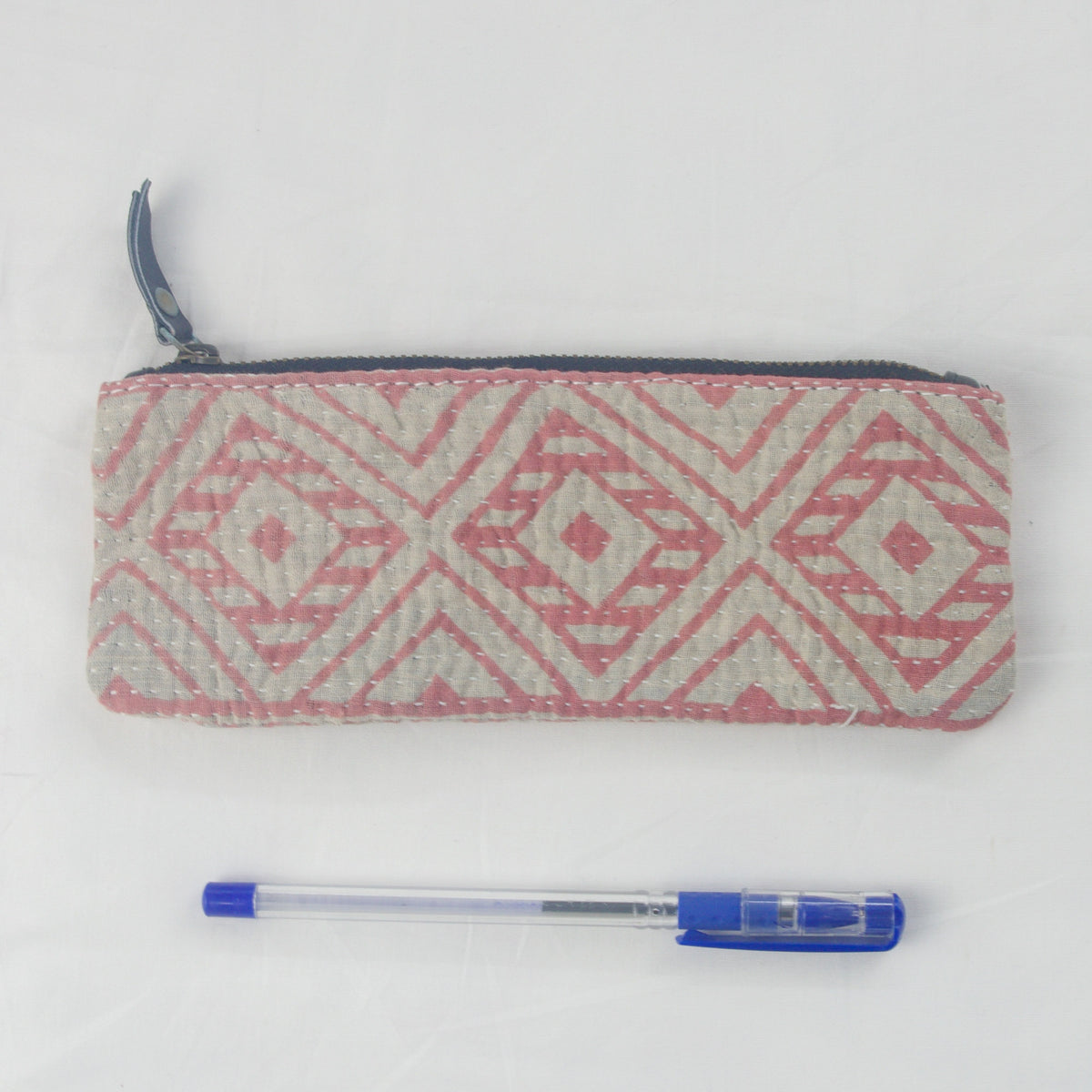 Vintage Kantha Small Pencil Case - Pink Grey Kantha