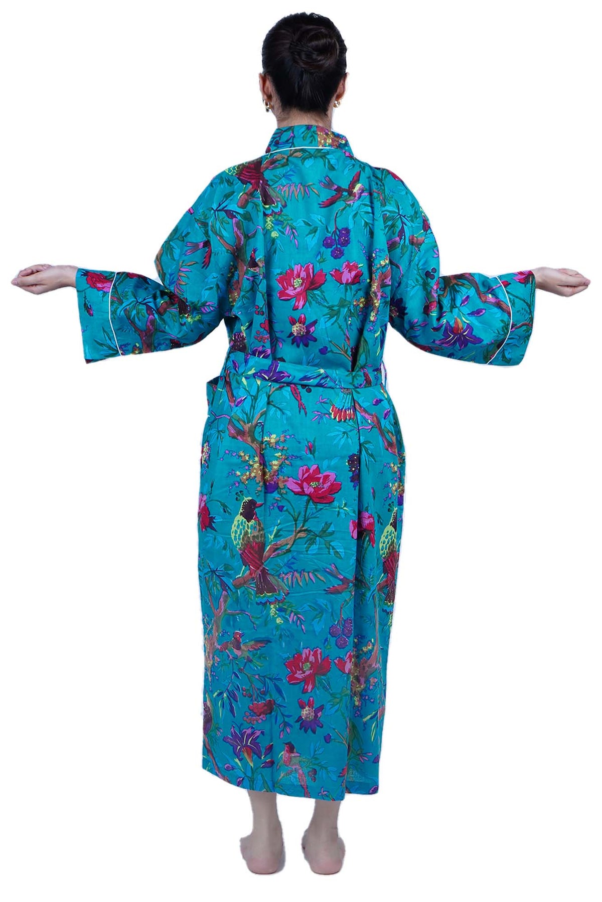 Teal Blue Birds Long Cotton Kimono Dressing Gown