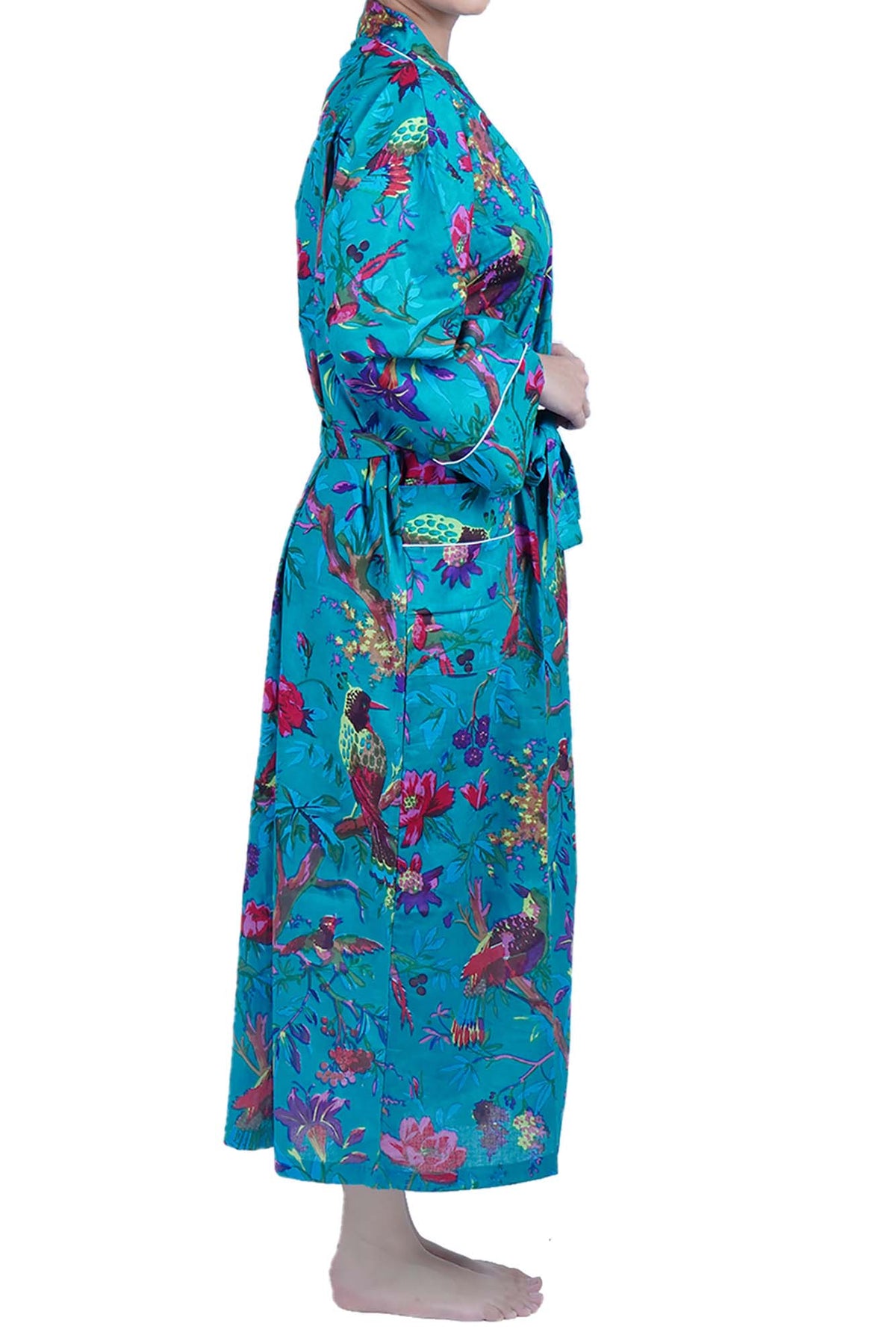 Plus Size Teal Blue Birds Long Cotton Kimono Dressing Gown