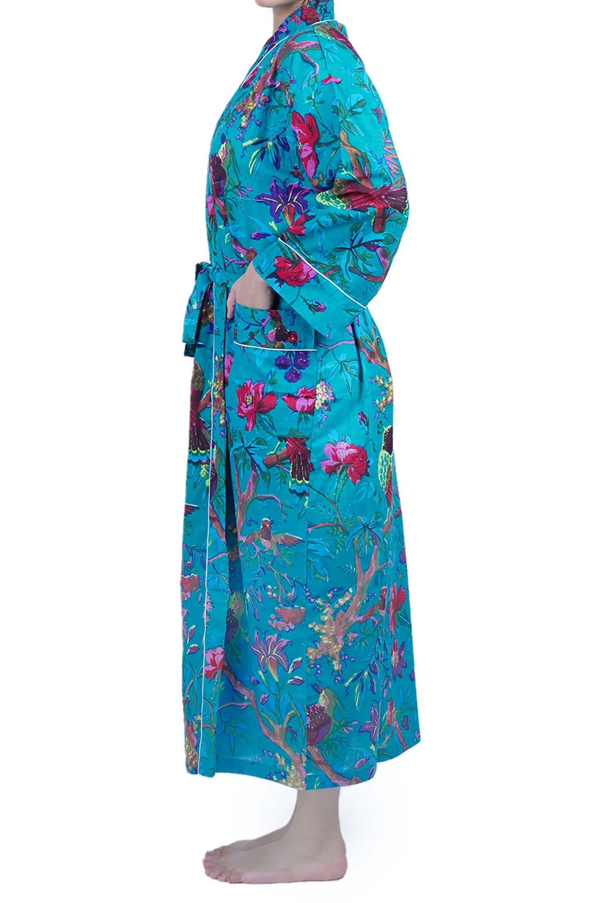 Plus Size Teal Blue Birds Long Cotton Kimono Dressing Gown