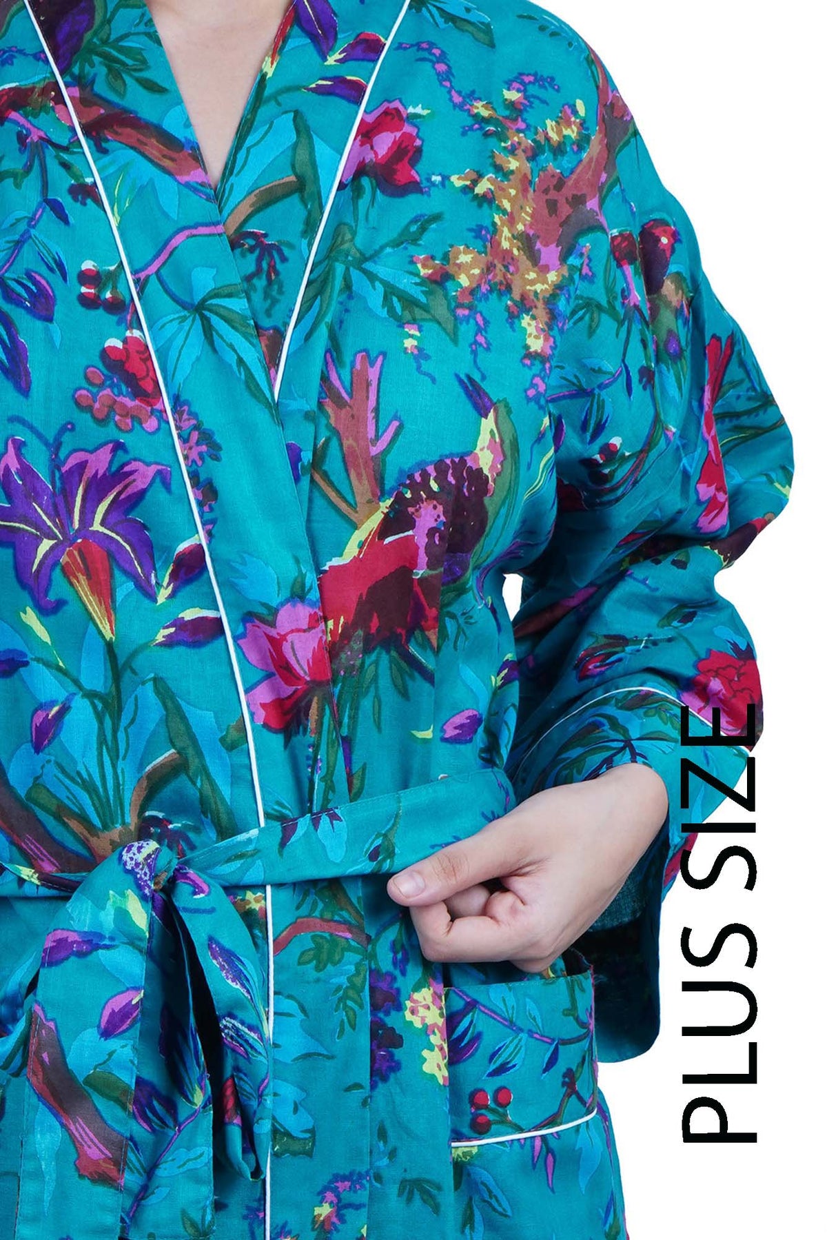 Plus Size Teal Blue Birds Long Cotton Kimono Dressing Gown